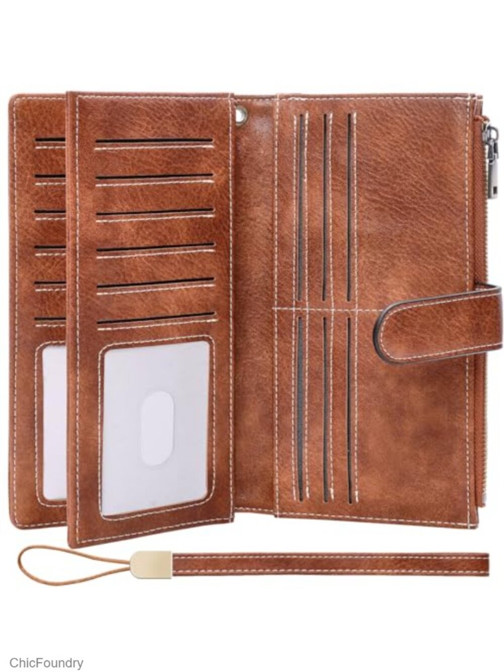 Genuine Leather RFID Blocking Tri-Fold Wallet with Wristlet, 16 Card Slots